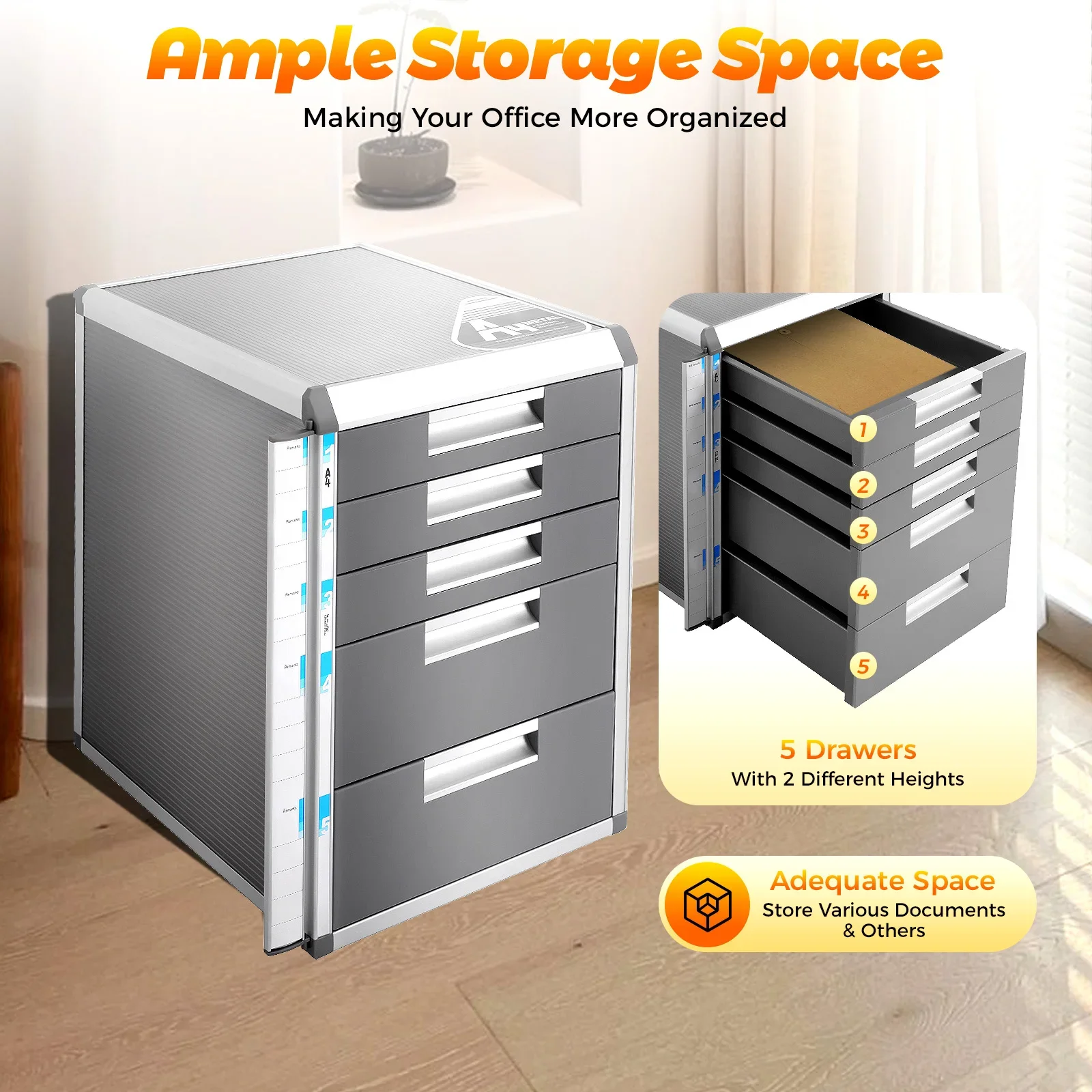 13.78"x12.4"x15.94"Lockable Document Storage Box, 5-Drawer File Organizer,Office Storage Cabinet-Aluminum Alloy&MDF Construction