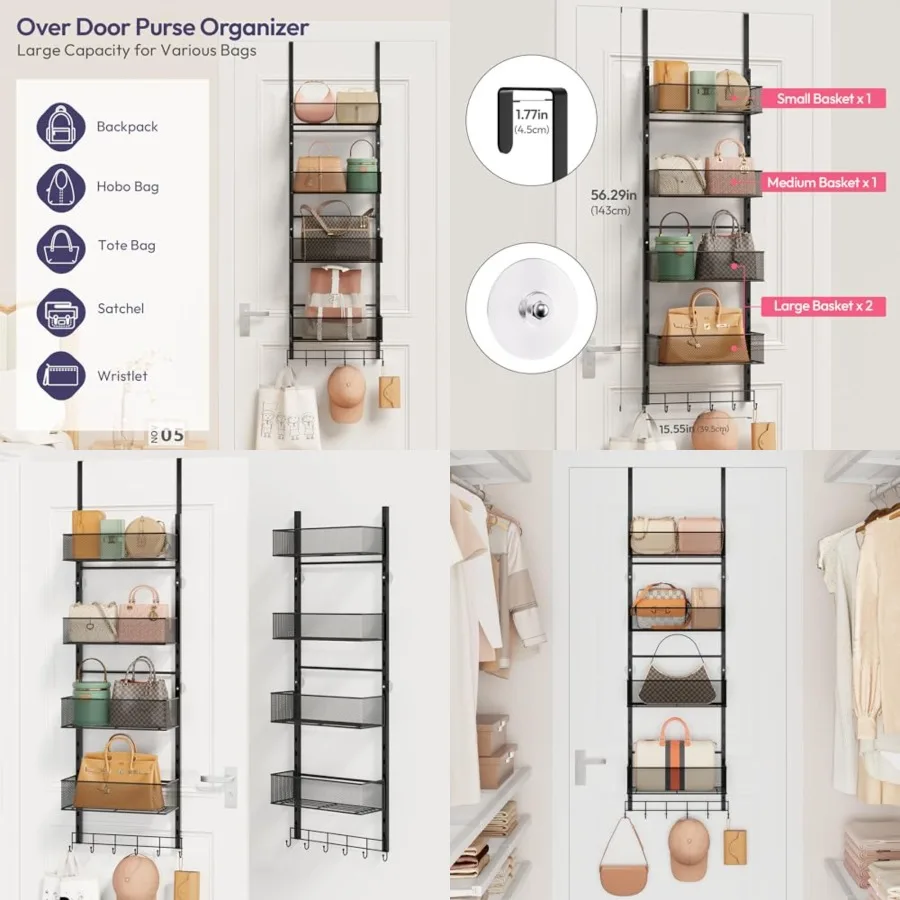 

Over The Door Purse Organizer - Wall Mounted Purse Rack with 4 Adjustable Metal Basket and 6 Hooks, Hanging Bag Rack for Handba