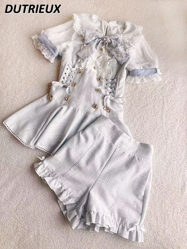 2024 Summer New Sweet Bow Mine Series Puff Short Sleeve Dress Shorts Two-Piece Set Japanese Style Lolita Puff Short Sleeve Dress