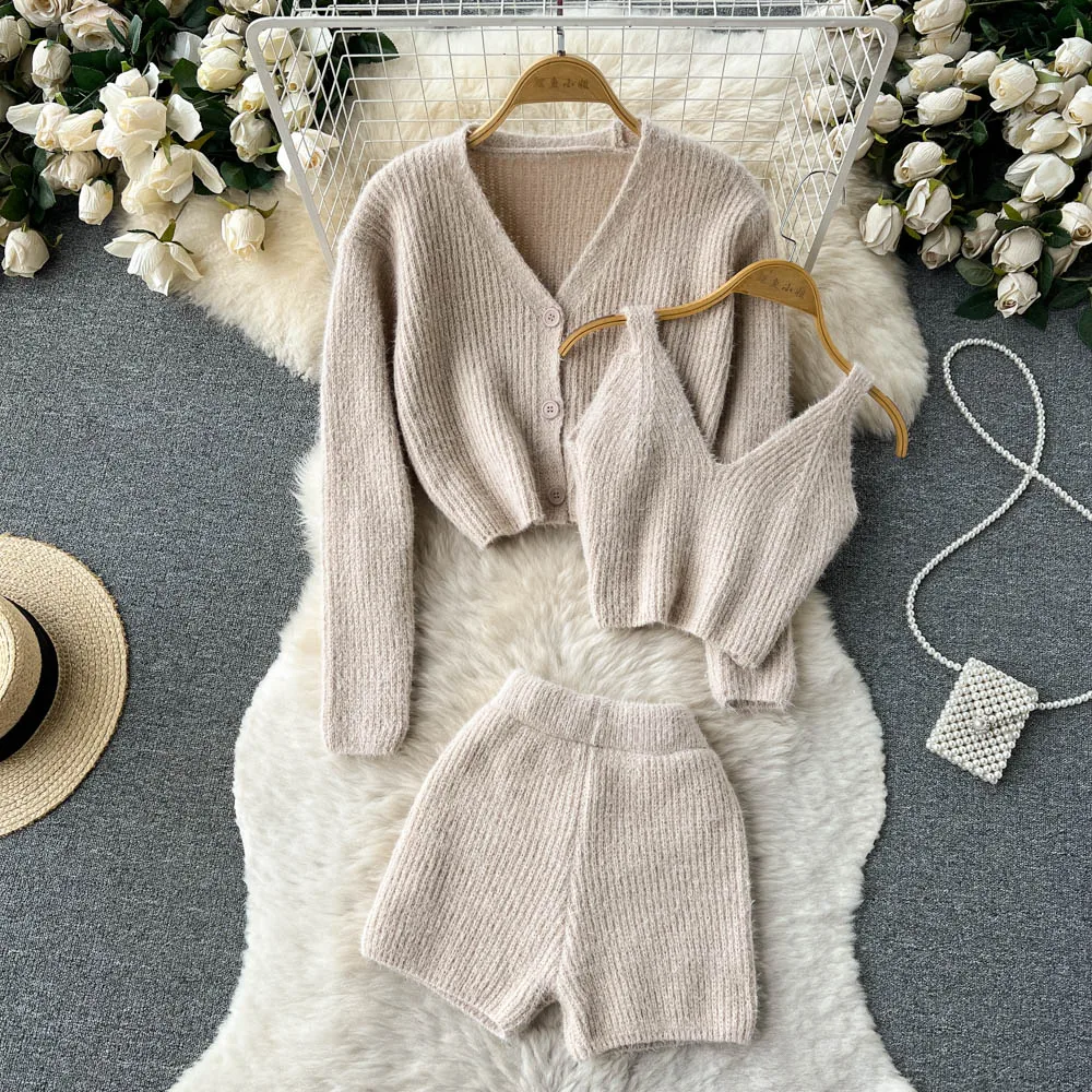 Spring Autumn Celebrity Style Set Women's Single Breasted V-neck Cardigan+Short Suspender+High Waist Shorts Three Piece Set