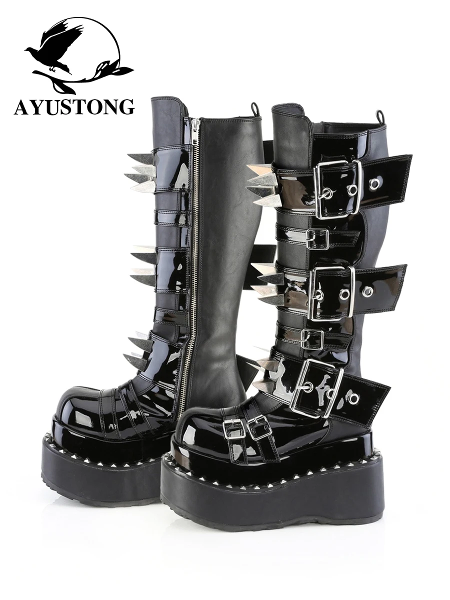 

Punk Sle Thi Bot Knight Boots Женские модные ботинки до середины икры с металлическими заклепками Водонепроницаемая платформа Молодежные всеморские...