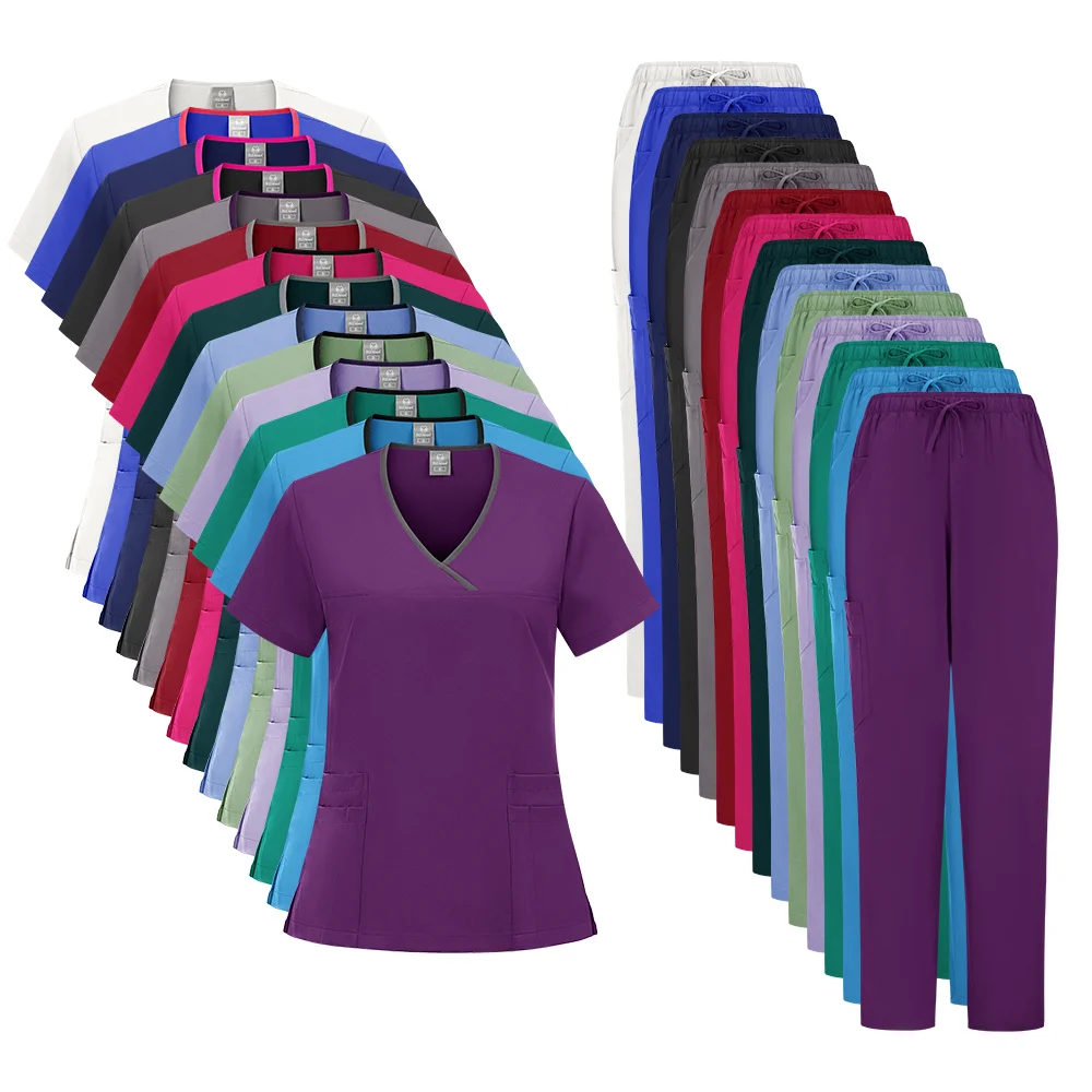 Women Men V-neck Short Sleeve Scrubs Surgical Nursing Uniforms Nurse Pockets Workwear Dentist Medical Uniforms Clinic Scrub Suit