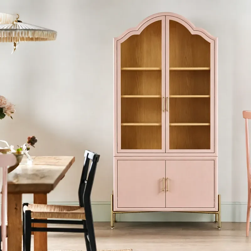Nordic Light Luxury Pink Glass Door Dining Side Cabinet Storage Double Door Restaurant Furniture Multi Layer Display Cabinet