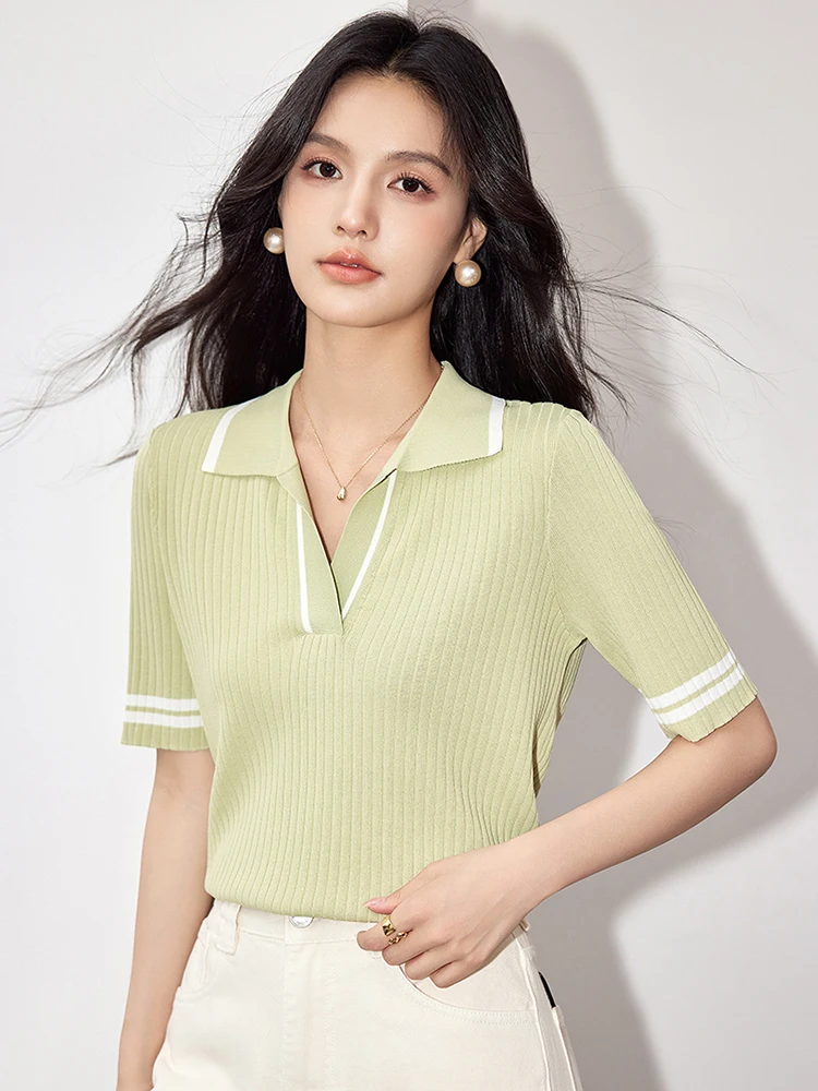 Camisa de solapa de manga corta de estilo coreano para mujer, Tops de Color sólido, Camiseta de punto elegante, nueva moda de verano