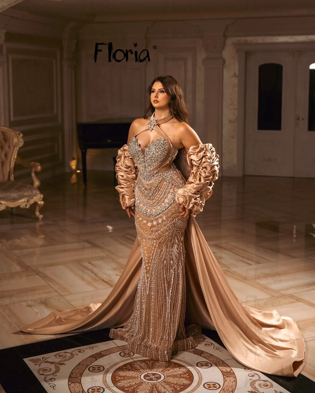

Luxurious Brown Two Pieces Prom Dresses With 3D Flowers Cloak Customized Backless Elegant Second Reception Gown Saudi Arabia