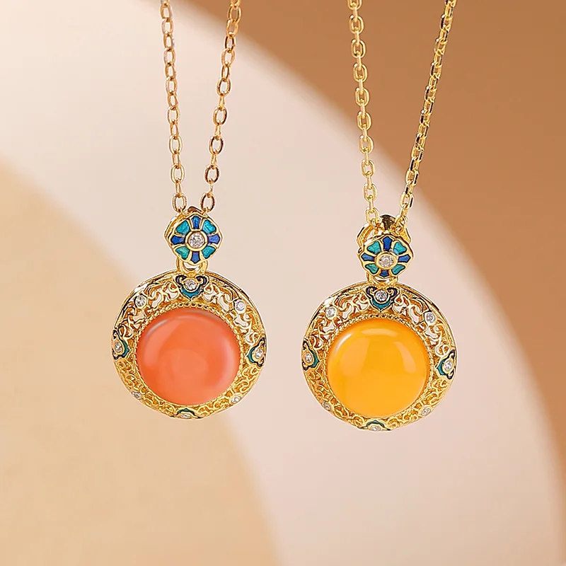 

S925 Sterling Silver Gold-Plated Natural Red Amber Pendant Ruyi Enamel Hanging Ornament