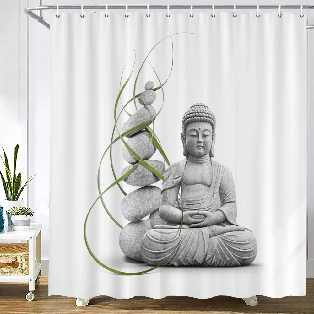 Bathroom Shower Curtains Buddha Statue Bamboo Bath Screens Home Decor Waterproof Polyester Fabric  With Hooks 240x180xm