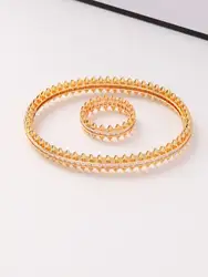 1 set of women's new European 14K gold plated copper nail riveted bullet personality studded with zirconia bracelet ring set
