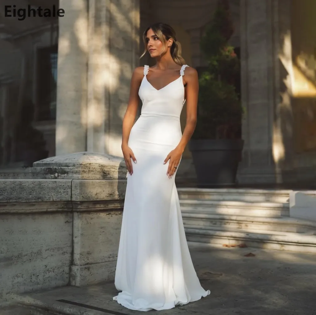 

Eightale Ivory Mermaid Backless Wedding Dresses 2025 Pearls Spaghetti Straps Bridal Gowns Simple Robe De Mariage Customized