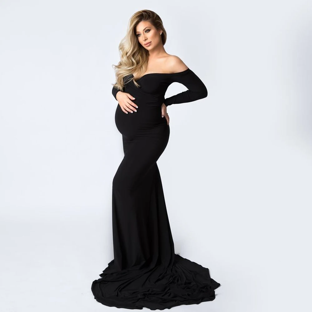 Pregnancy Dress Photography Off Shoulder Slim Elegant Maternity Clothes Floor Length Formal Gown Baby Showe Evening Party