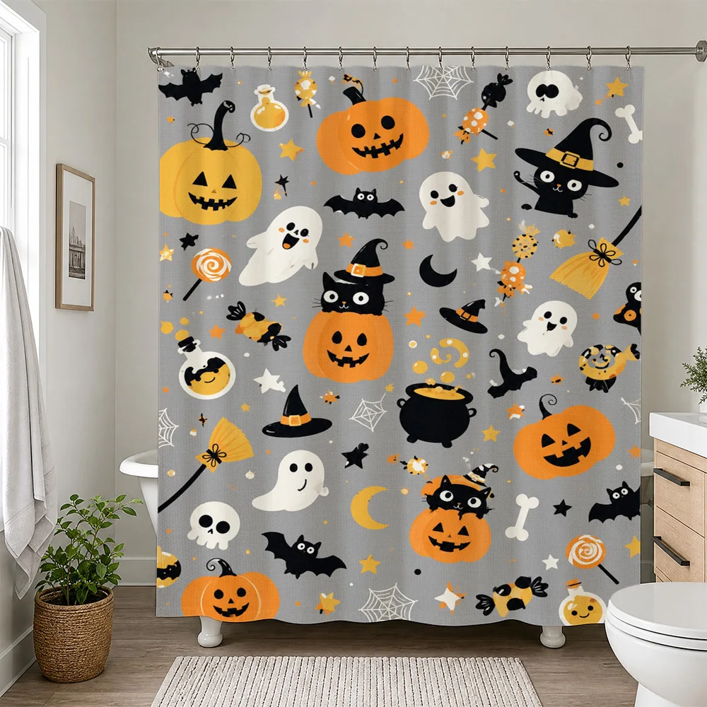 Spooky Halloween Shower Curtain Cute Pumpkin Ghost Witch Bat Pattern Bathroom Decor Novelty