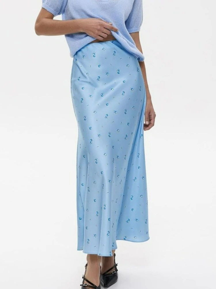 

FDYOUI 2026 Шикарная юбка с цветочным принтом для женщин, элегантная атласная длинная юбка с высокой талией на молнии, офисное платье для деловых женщин, облегающее, уличный стиль