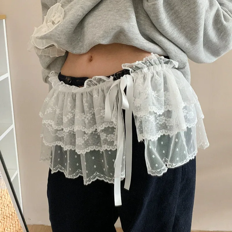 Y2K الكورية الأبيض الدانتيل تنورة صغيرة الطبقات الشارع الشهير الدانتيل يصل الكشكشة هملين Harajuku عالية الخصر مطوي تنانير للسيدات الملابس