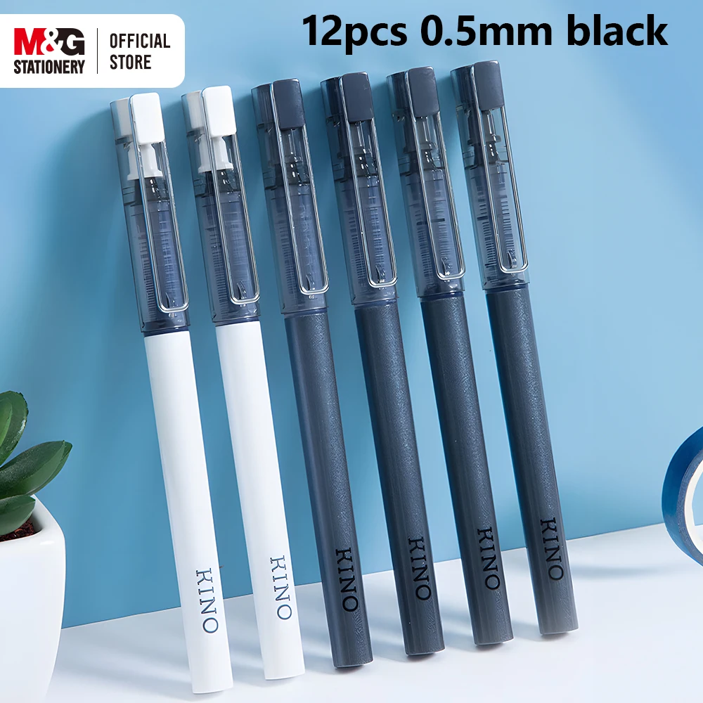 M & G 12 قطعة هلام القلم 0.5 مللي متر جل أسود أقلام التجفيف السريع حقنة كاملة قلم توقيع أقلام السائل المستقيم للطلاب مكتب الامتحان
