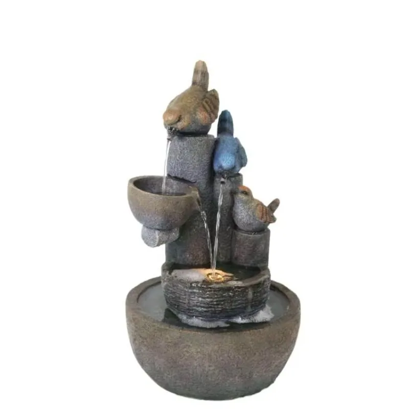 Multi Tier Stone Texture Resin Bird Statue Water Flow Ornament Indoor Outdoor Garden Courtyard Bird Bath Craft Furnishing Decor
