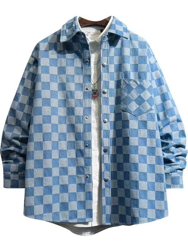 

Trendy Plaid Denim Jaet for Men Autumn Winter Oversize Straight Hem PU Material ex Youthful Energy Sle Cheered Pattern