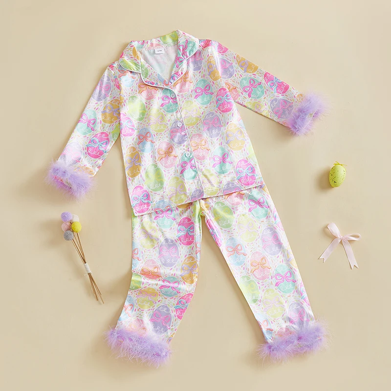 Ensemble pyjama deux pièces pour enfants filles, imprimé œufs de pâques, Patchwork de fourrure, chemises à manches longues, hauts avec pantalons, vêtements de nuit