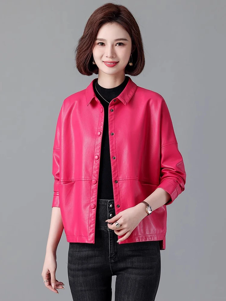 New Women Casual Loose Leather Jacket Spring Autumn Fashion Small Turn-down Collar Single Breasted Short Split Leather Coat