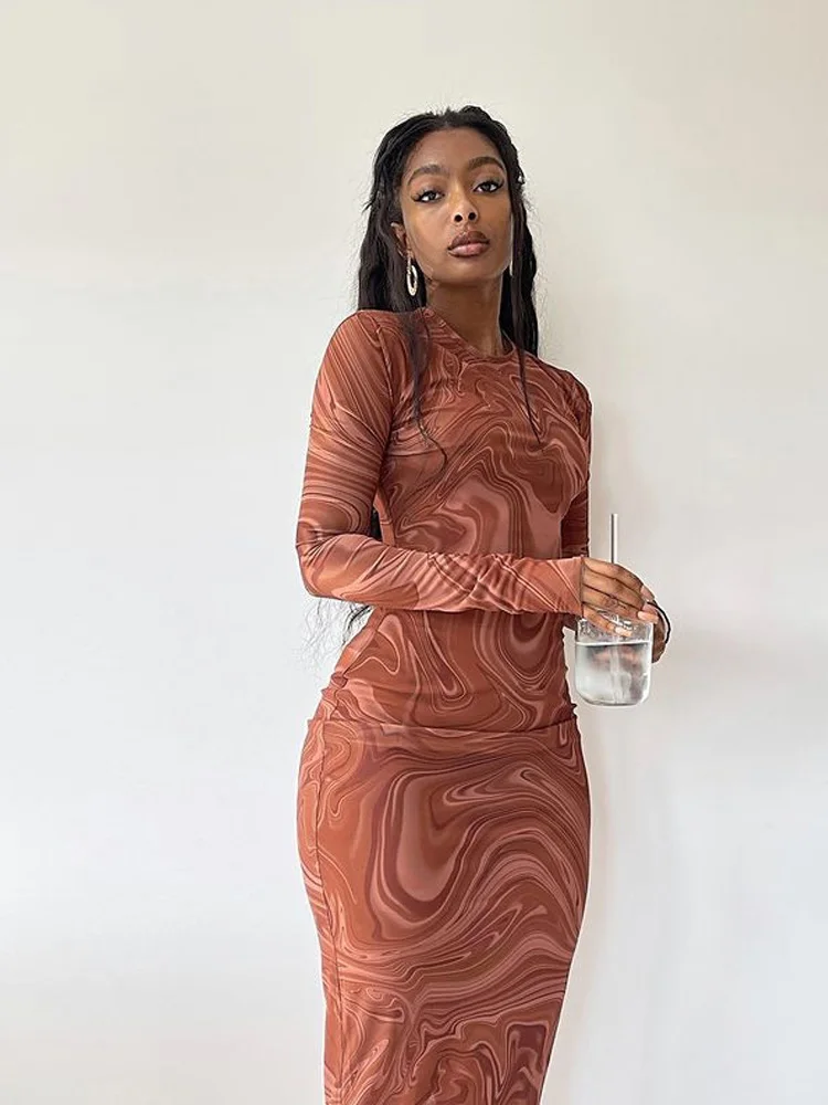Sukienki Bodycon z długim rękawem dla kobiet Odzież wieczorowa O-neck Mid Calf Sexy Vestidoes De Mujer One Piece Outfits Streetwear