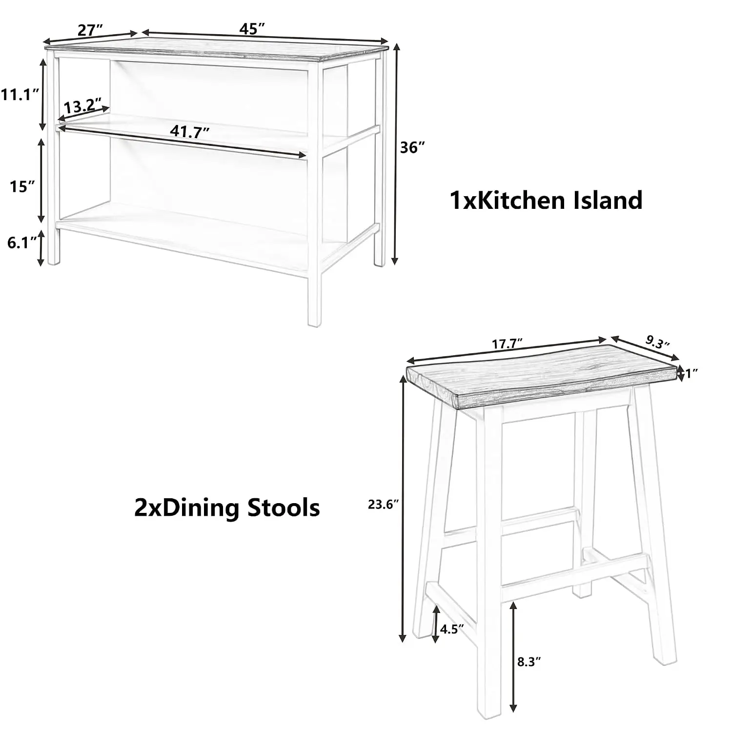 Kitchen Island Set with 2 Stools & Shelves, Wood Dining Prep Table for Small Places, Walnut+Cream White, Customized