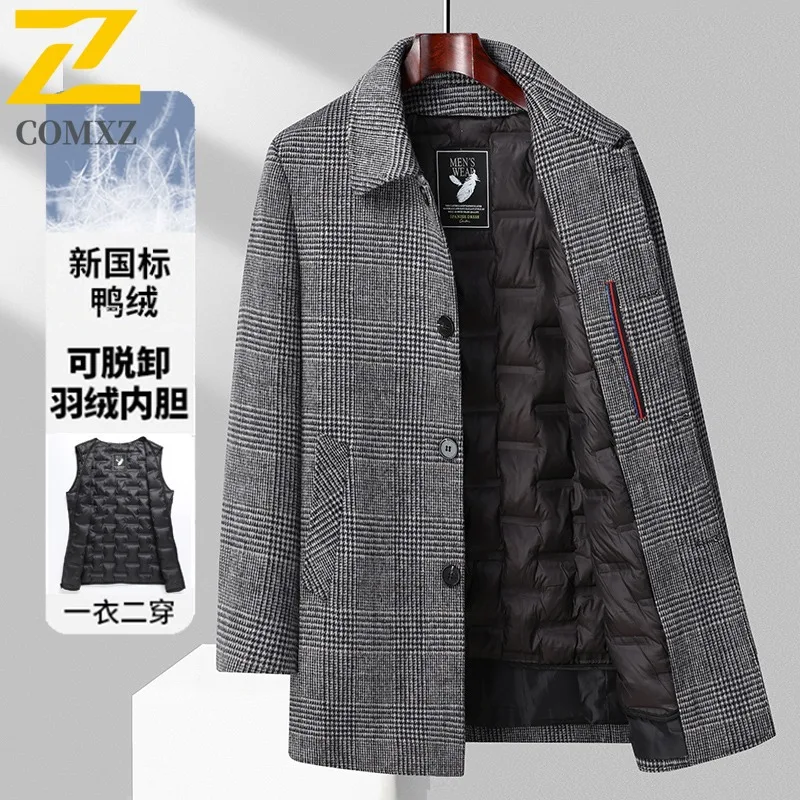 COMXZ Premium Men Wool Jacket Mid Length Business Casual Trench Coat 2025 New Korean Style Detachable Down Lining Wool Outerwear