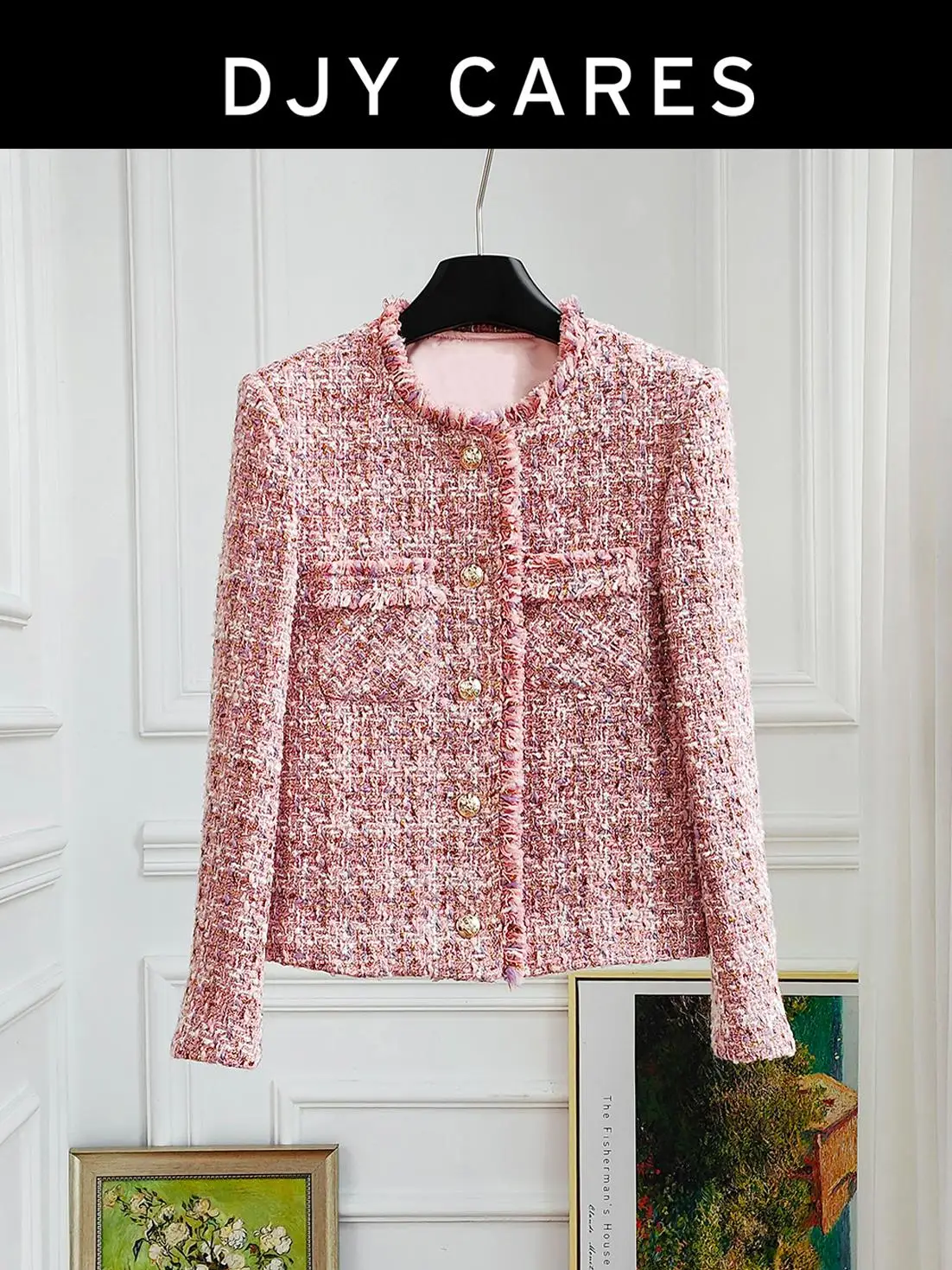 

New Coarse woolen dreamy pink premium gold silk tassel high-end feel jacket big size