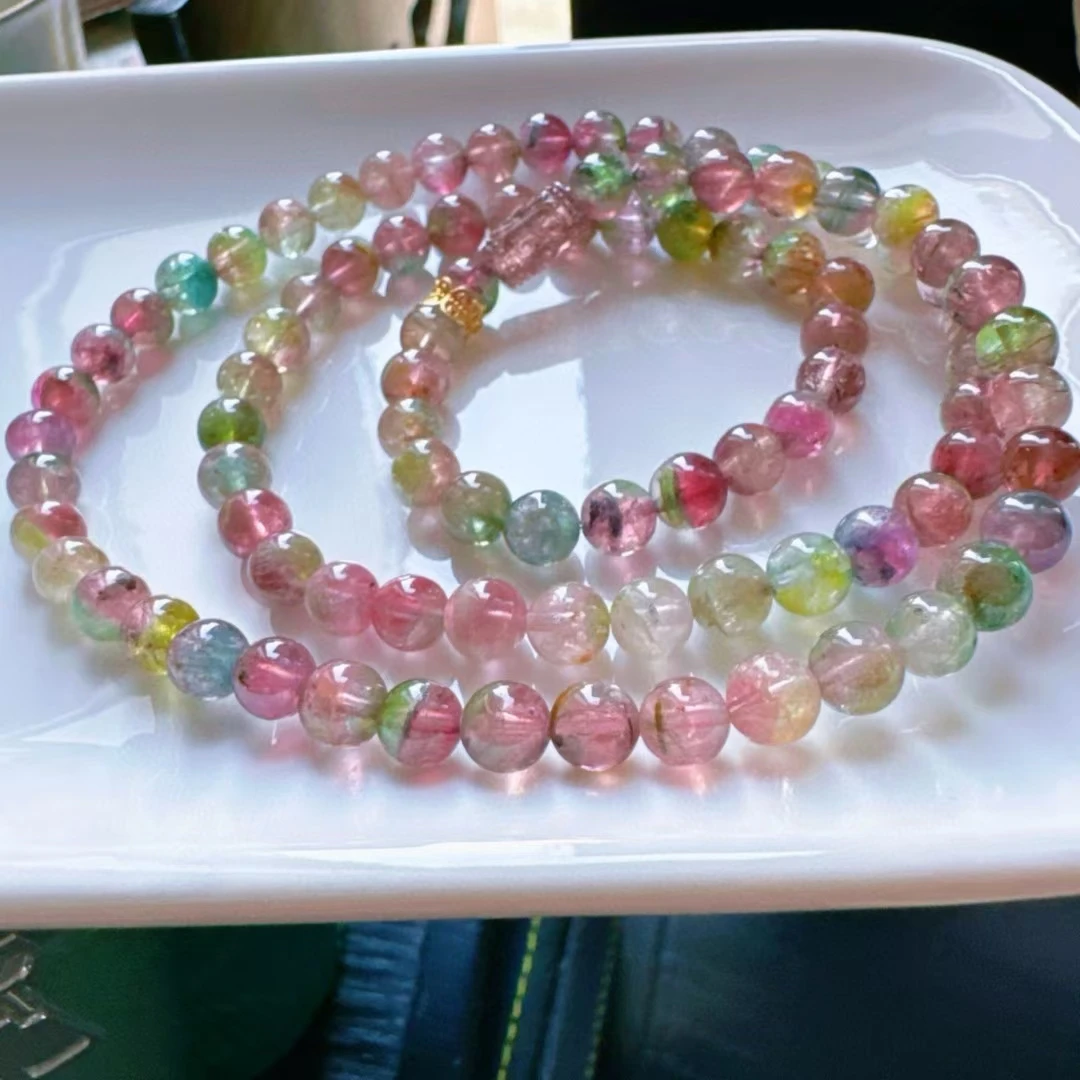 Natural Colorful Tourmaline Clear Round Beads Bracelet 6.2mm Red Watermelon Tourmaline Women Men Jewelry AAAAAAA