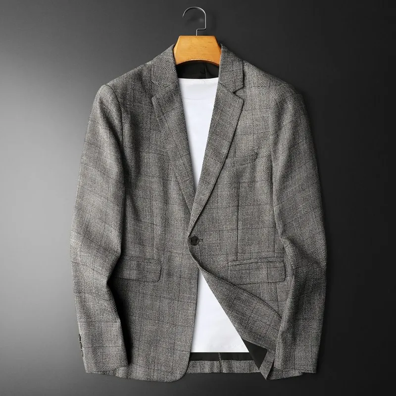 Spring Autumn Classic Checkered Suit Jacket Men Slim Fit Casual Business Office Uniform Formal Jacket Wedding Groom Men Blazers