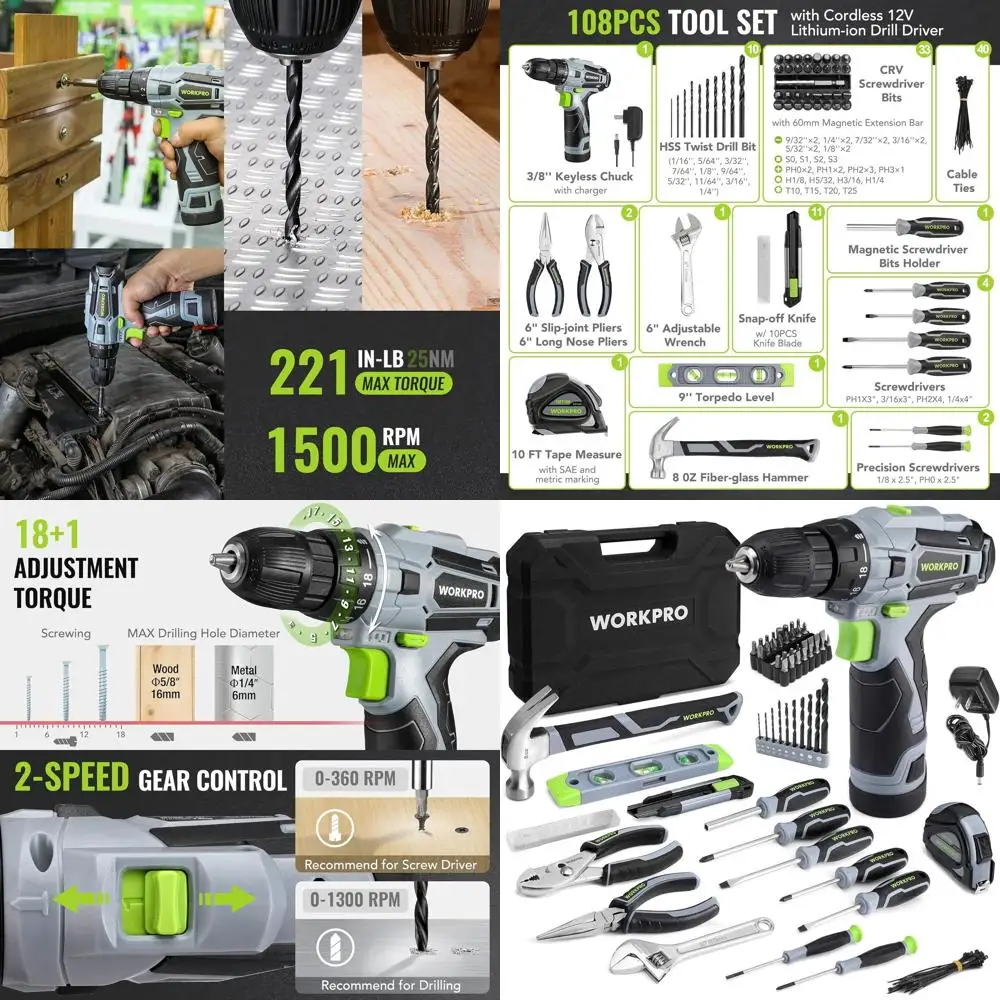 

108-Piece 12V Cordless Power Tool Kit with Variable Speed Drill and Storage Case