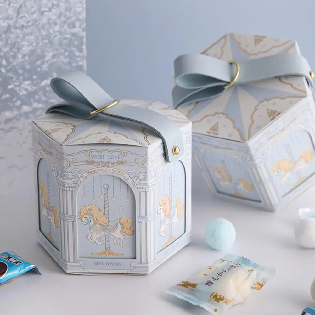 Scatola di caramelle per matrimoni scatola di carta regalo con motivo a carosello rosa esagonale bella confezione regalo di caramelle per dispensare i bambini borsa regalo carina di compleanno