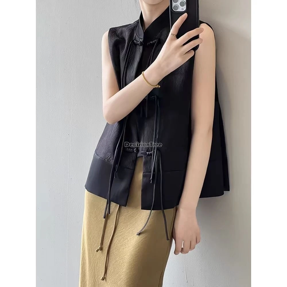 2024 spring new chinese new style plate buckle waistcoat jacket jacquard stand collar sleeveless retro women cheongsam waistcoat