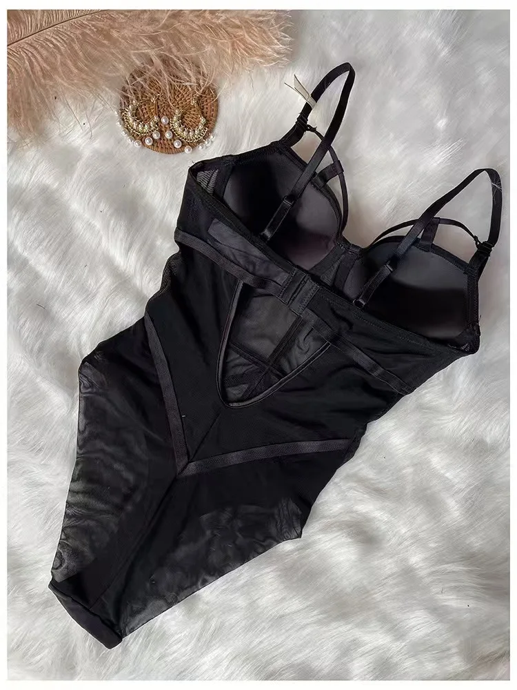 Body de corsé sexy ajustado para mujer, sin mangas, de gasa, con entrepierna abierta, mono corto, lencería de moda, camisola, romper liso