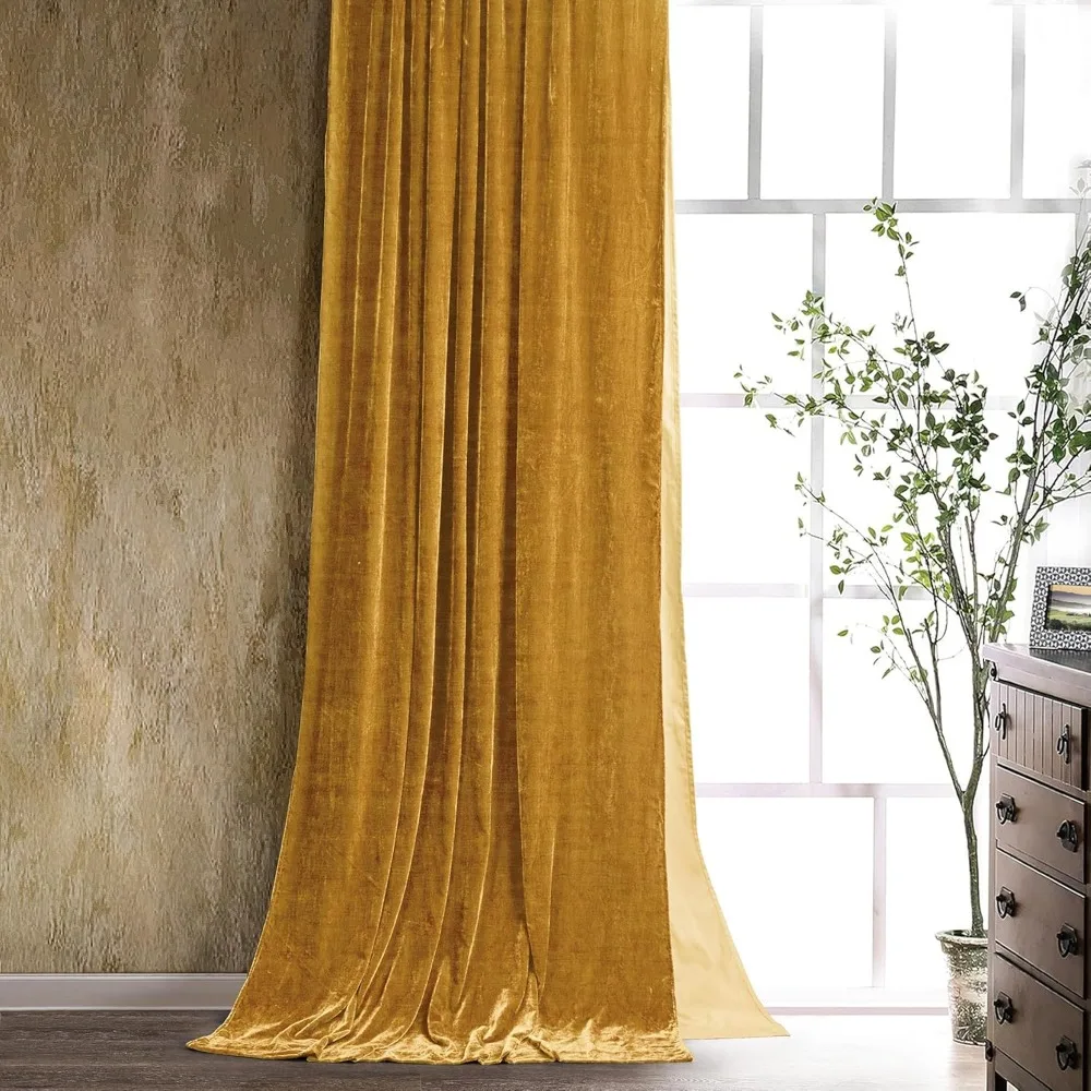 Stella Faux Silk Velvet Curtains, Rod Pocket Style, 48x108 inches, Saffron Color, Blending Romantic Western and Modern Tradition
