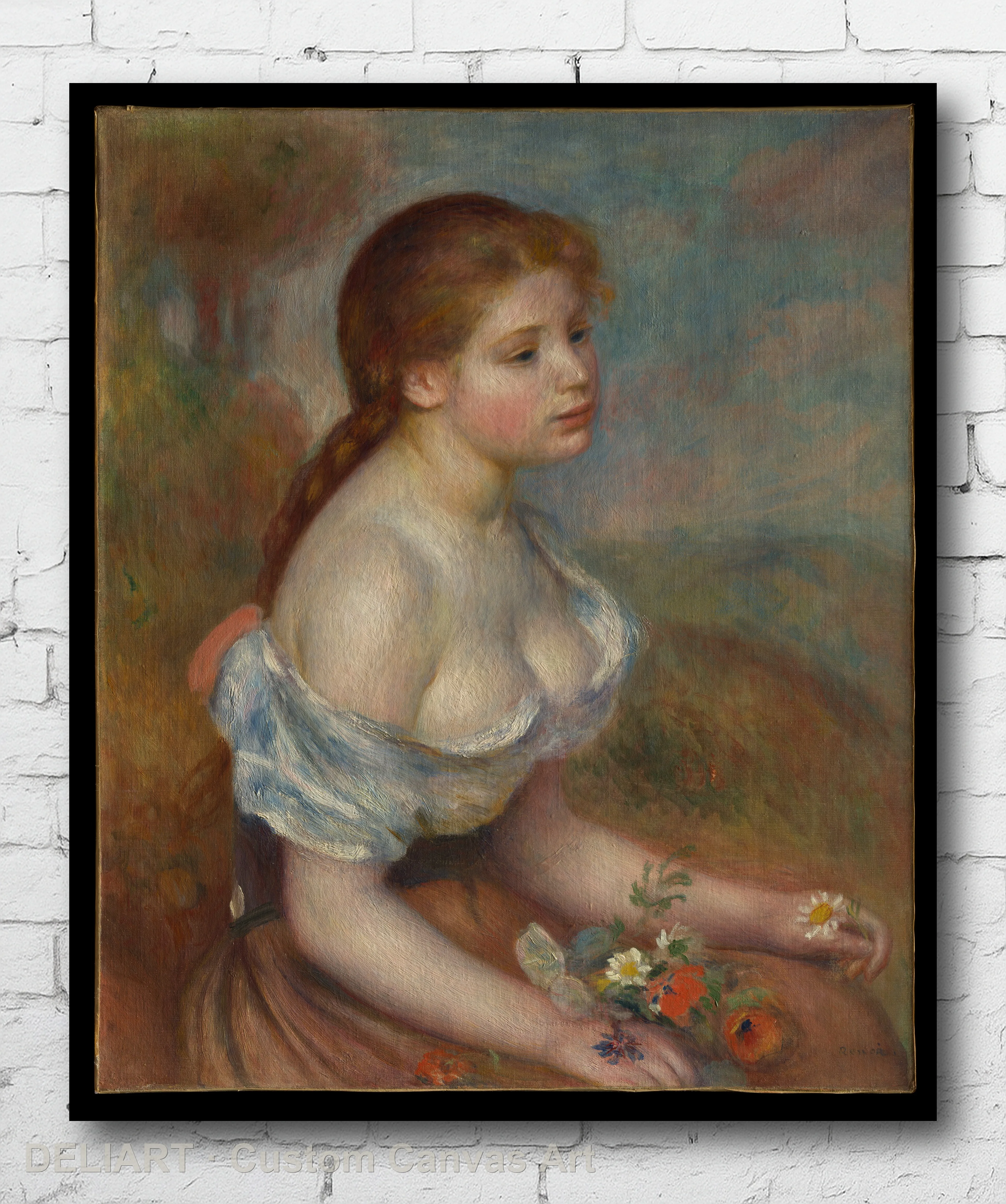A Young Girl with Daisies by Auguste Renoir - Impressionist Fine Art Canvas Wall Art Poster Print Vintage Home Decor Unframed