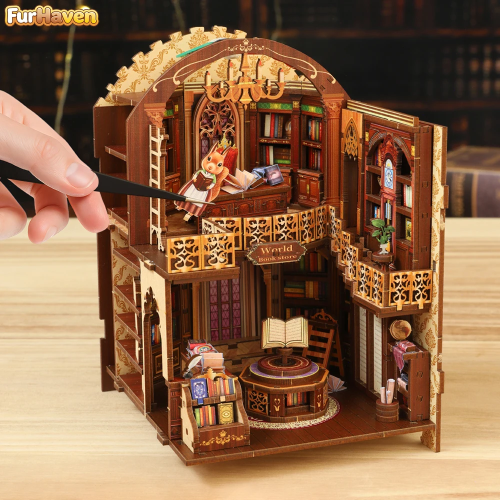 

FurHaven Retro DIY Wooden Book Nook Figurines Miniatures Kits Wanguo Bookstore Bookshelf Home Bookend Decoration For Adult Gifts
