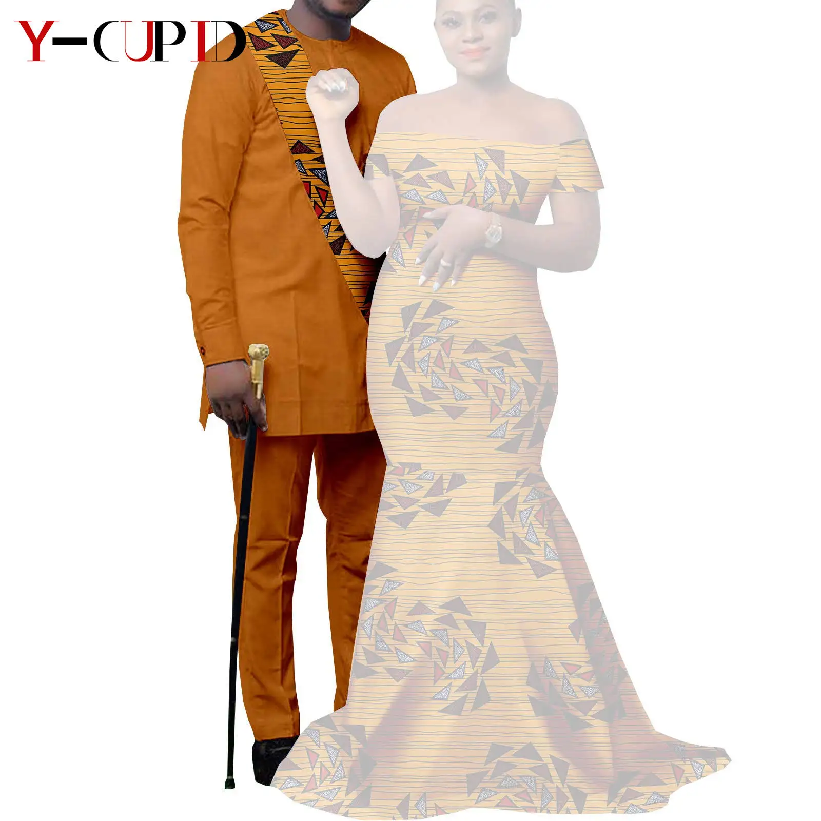 African Clothes for Couples Bazin African Print Long Dresses for Women Match Men Outfits Dashiki Top and Pants Sets Y22C023