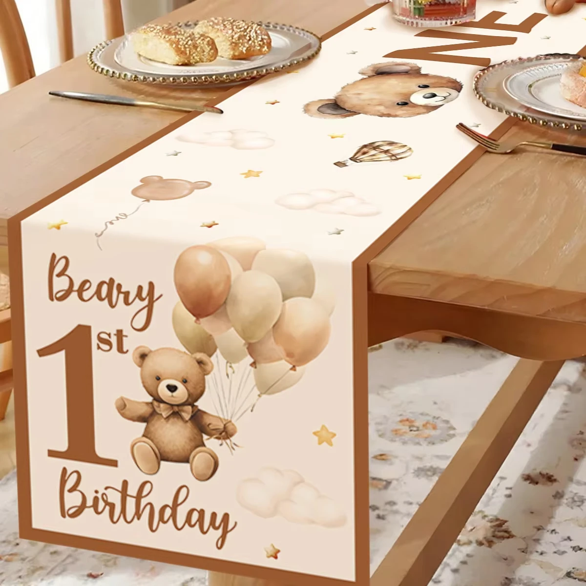 Cartoon Teddy Bear Print  Table Runner  - 1st Birthday & Baby Shower Decor for Boys & Girls