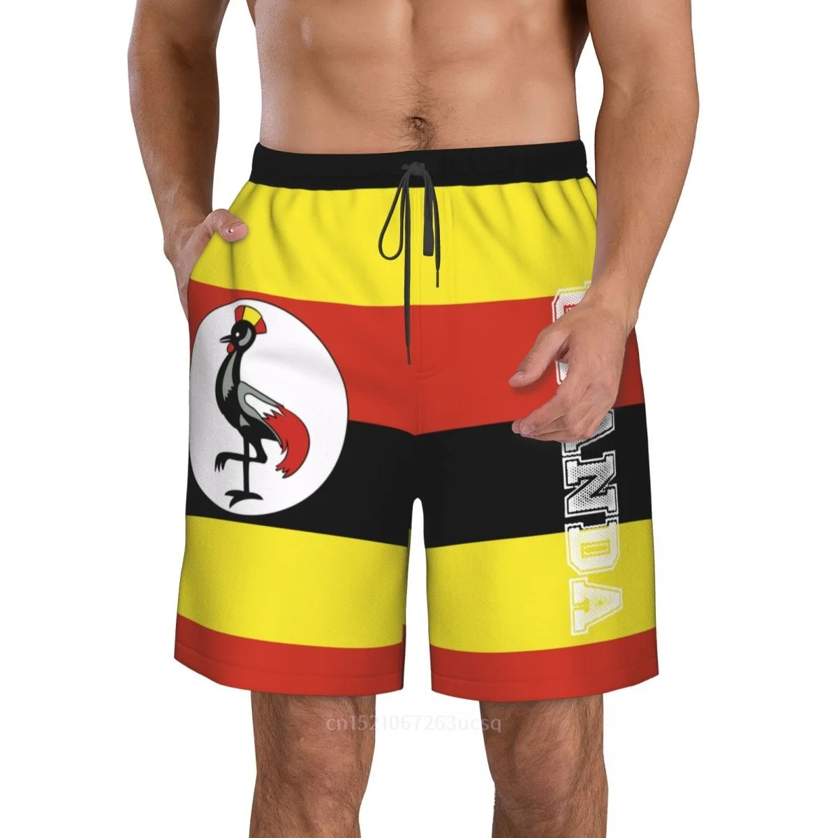 2023 Summer Polyester Uganda Country Flag 3D Printed Men's Board Shorts Beach Pocket Running Summer Pants