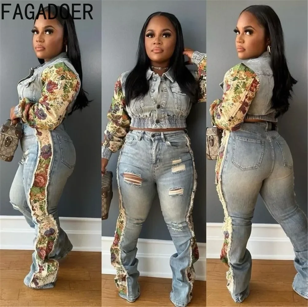 FAGADOER Women 2 Piece Set Outfit Fashion Pocket Ruched Print Patchwork Denim Crop Jacket + High Waist Stretchy Jeans Streetwear