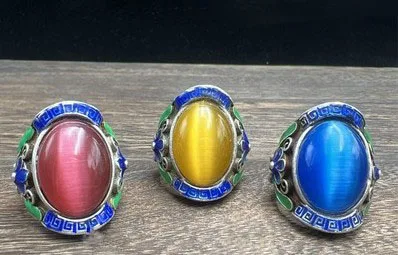 

Adjustable Vintage Tibetan Silver Cat Eye Ring with Cloisonne for Men Women Gift