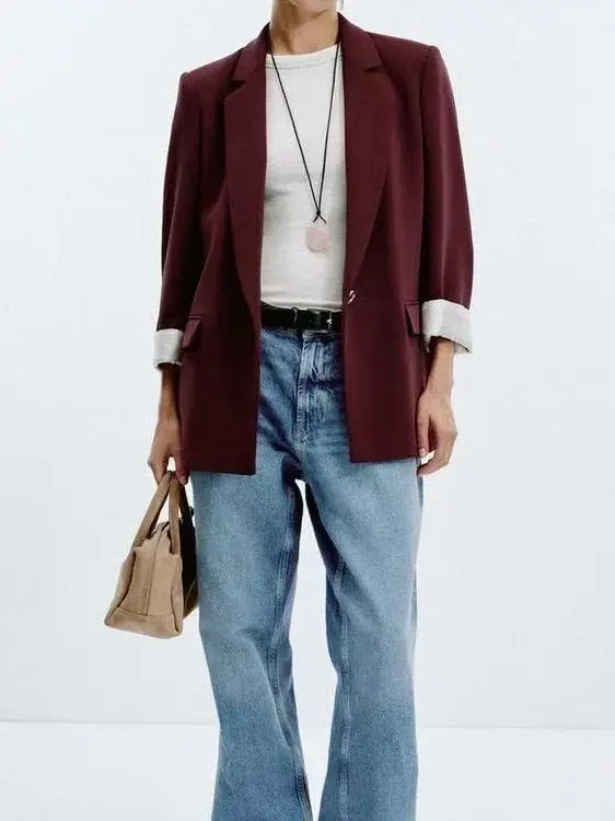 

Busin Casual Loose Fit Women's Suit Jaet Commute Sle Polyester Fiber Long Sve Button up Regular Length Coat