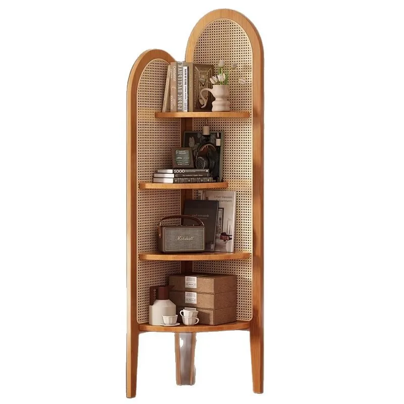 

Chinese retro rattan corner decoration shelf, living room sofa wall edge book cabinet, bedroom solid wood triple crutch screen