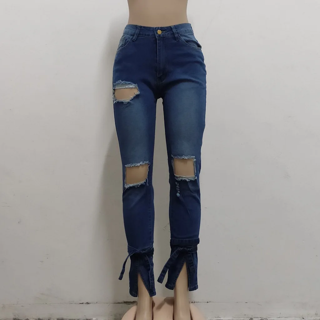 sexy fashion trend ripped trousers straps slim jeans for women