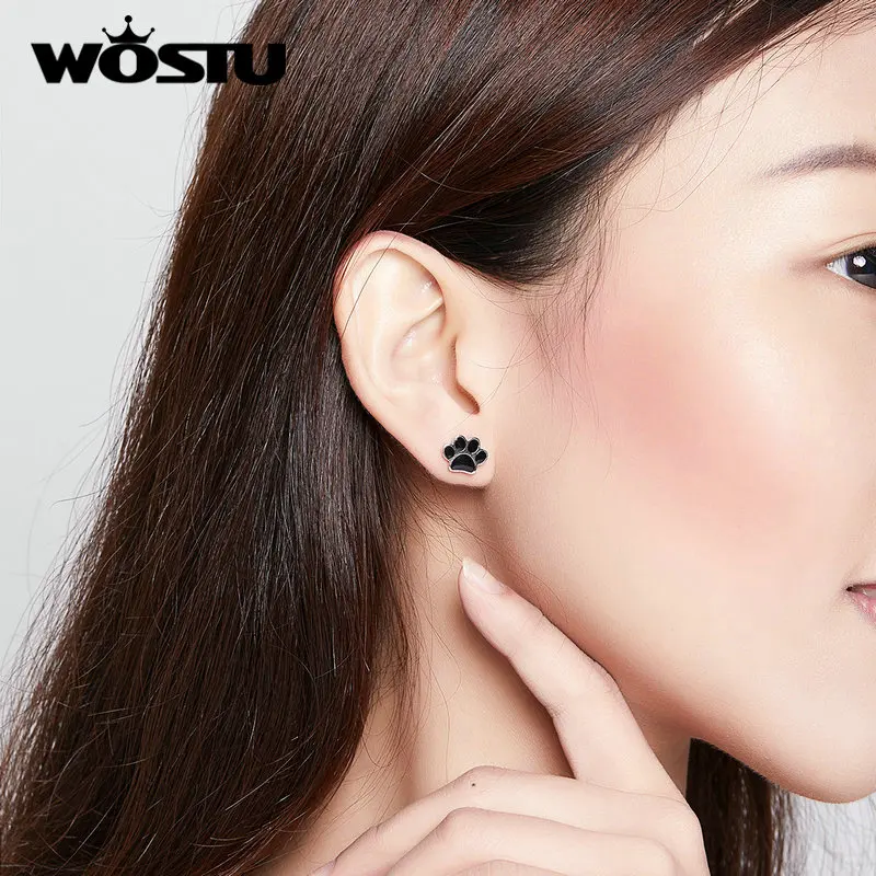 WOSTU Paw Dog Footprint Black Stud Earrings 925 Sterling Silver For Women Silver 925 Jewelry Small Earrings FIE757