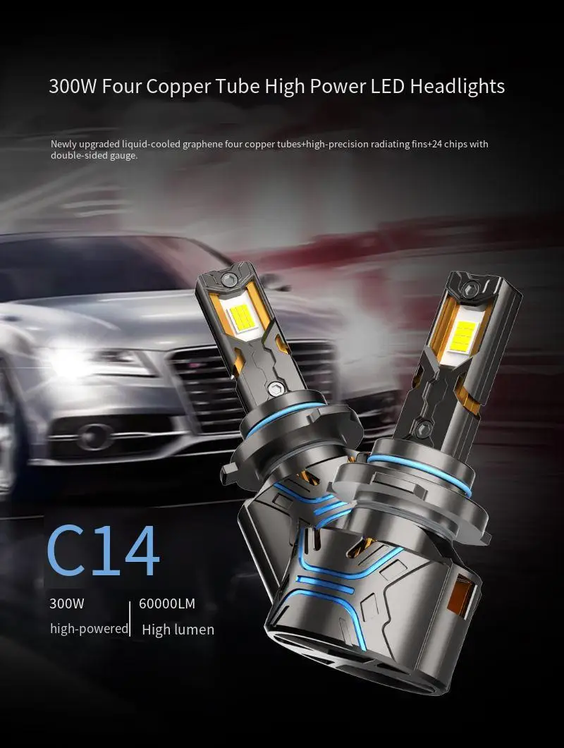 Super Bright 300W 6000K LED Headlight Bulbs 12V 4 Copper Tube H1 H3 H7 H8 H9 H11 HB3 HB4 HIR2 880 881 9004 9007 H4 H13 HB1