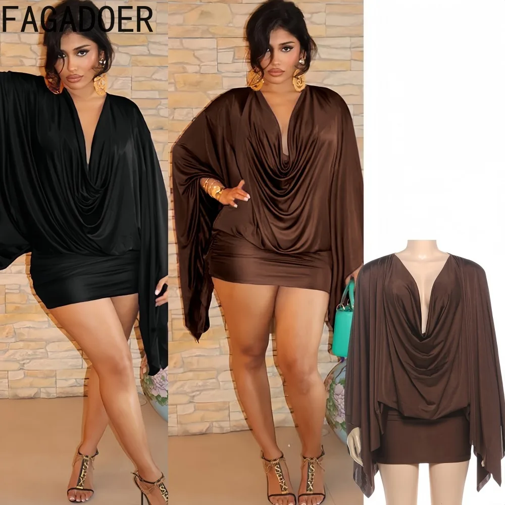 

FAGADOER Sexy Ruched Patchwork Mini Dresses Women Solid Color Deep V-neck Irregular Sleeves Dresses Female Streetwear Clothing