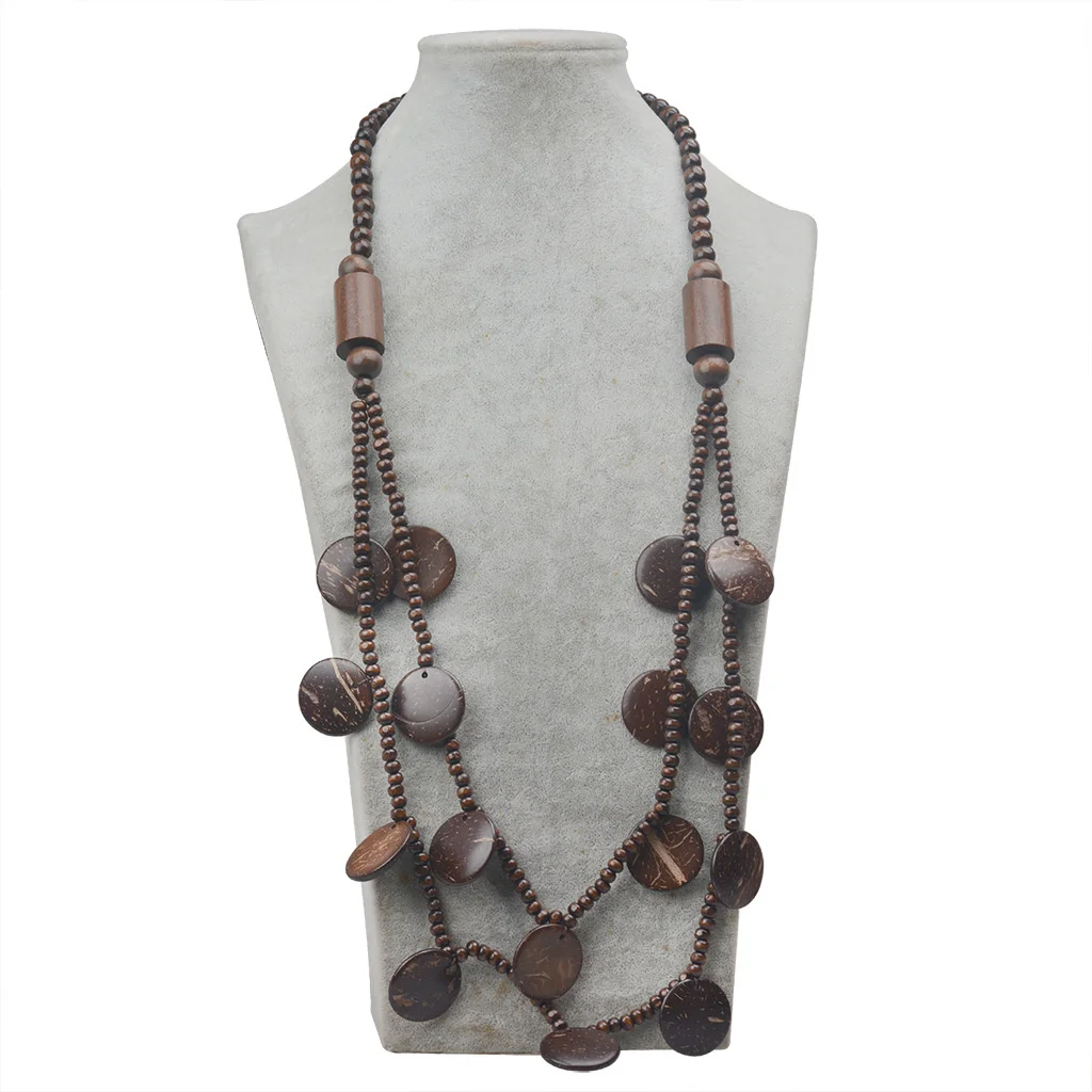 Women's Ethnic Style Sweet Coffee Double Layered Round Coconut Shell Beaded Necklace