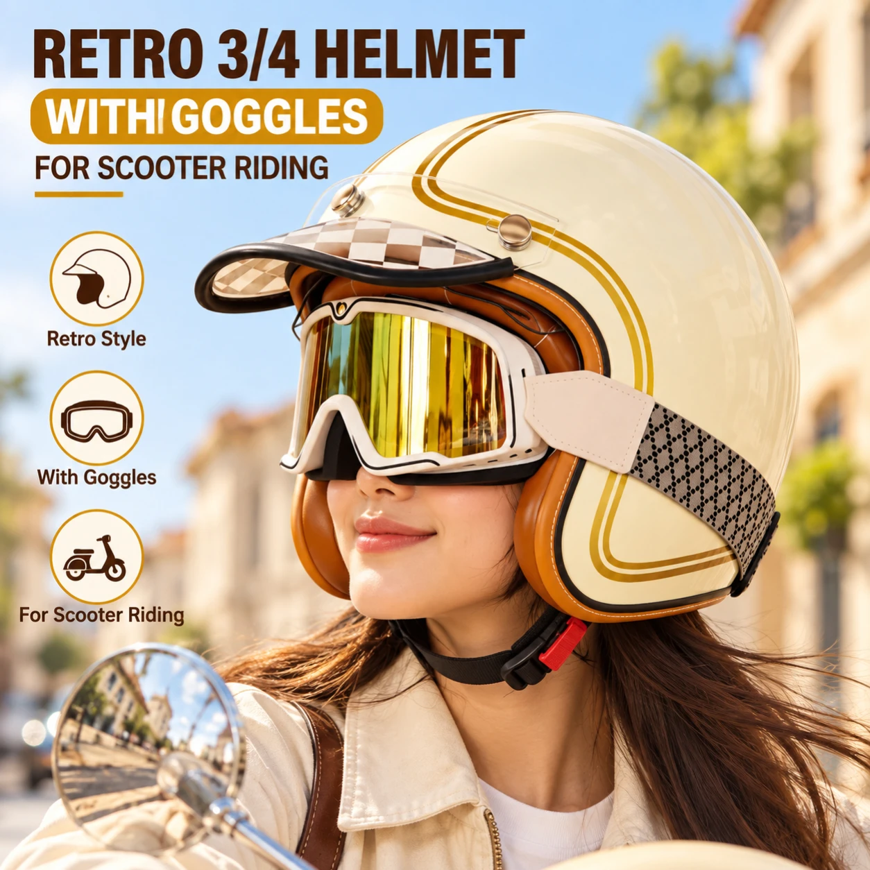 Retro 3/4 Open Face Motorcycle Helmet with Goggles Vintage Scooter Half Helmet Cartoon Graffiti Design for Men Women