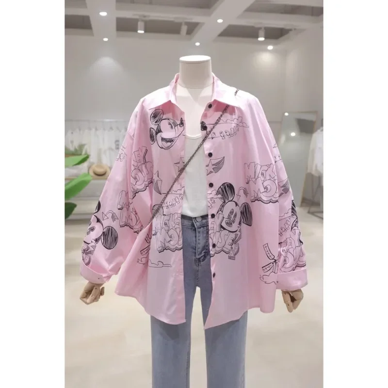 Popular Age Reduction Cartoon Printing Blouse 2024 Early Autumn Loose Thin Medium And Long Cotton Top Long-sleeved Shirt Female