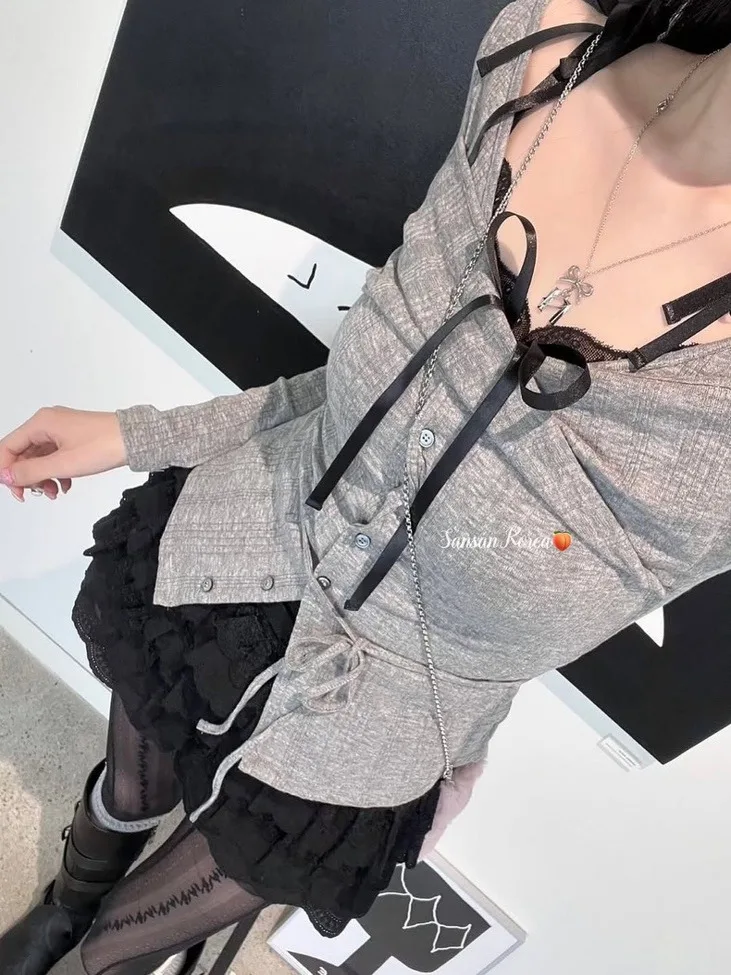 سترة نيوالرين ذات أشرطة دانتيل بلون واحد، كارديجان محبوك مطوي متعدد الطبقات، ملابس خارجية أنيقة للنساء الشابات